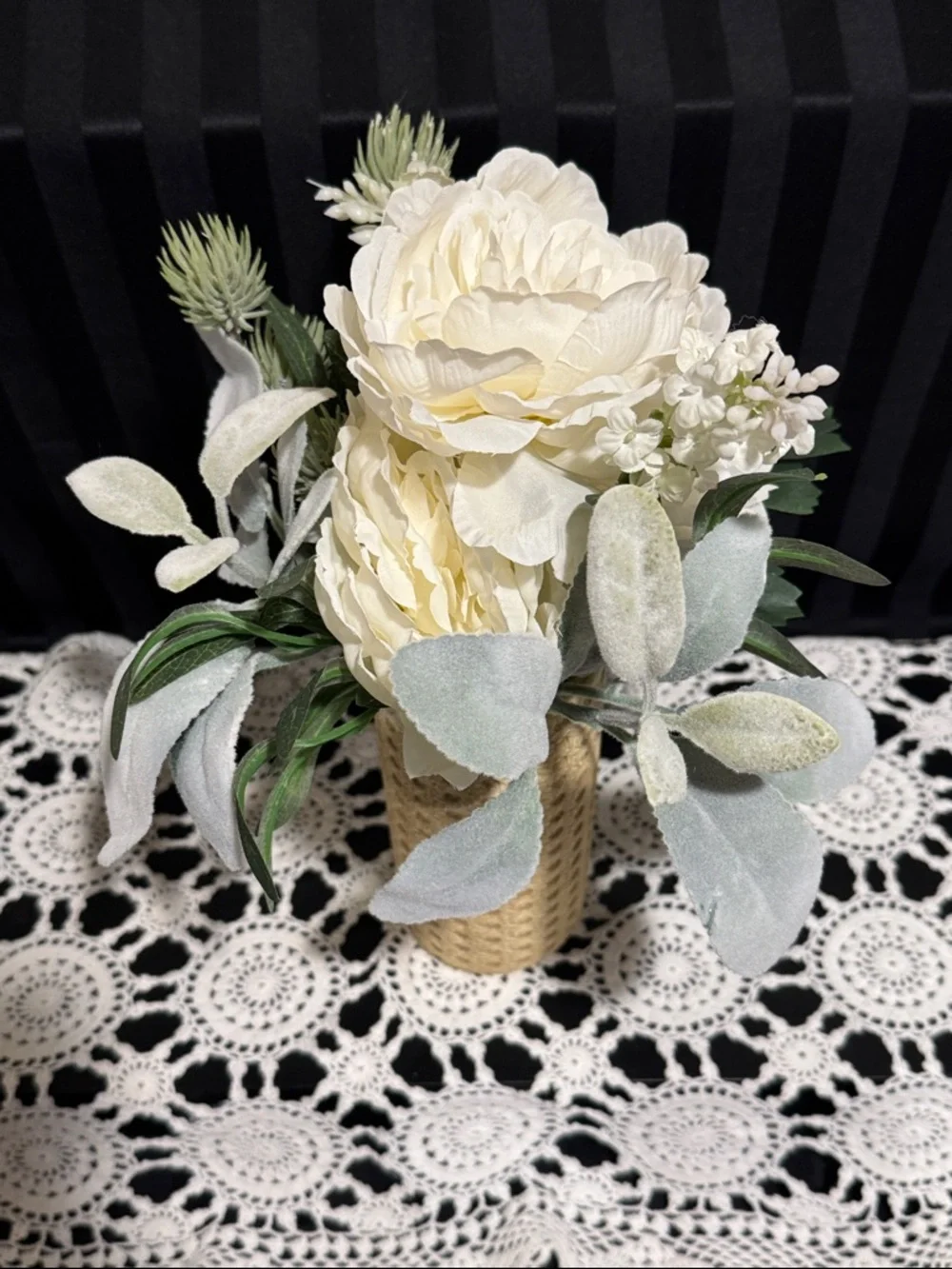 White Faux Peony Arrangement with greenery in a Textured Tan Vase